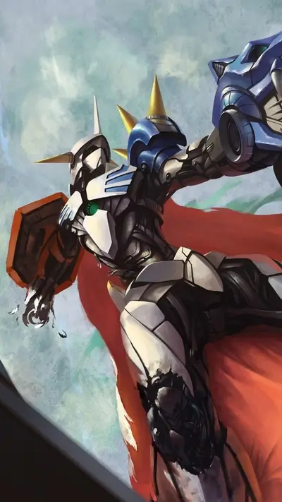 Mecha warrior with red cape, in dynamic pose