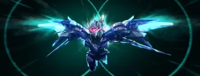 Mechanical being with glowing wings in action with red eyes