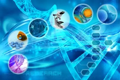 Medical research background with DNA and cells