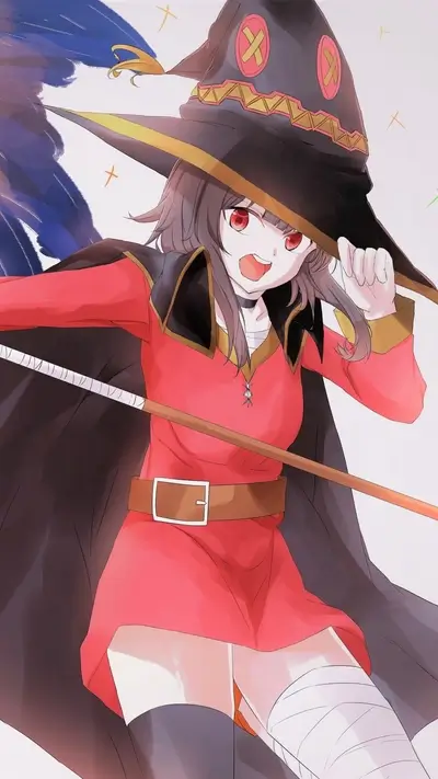 Megumin from Konosuba showing excitement with staff, wearing her traditional clothes and a cape