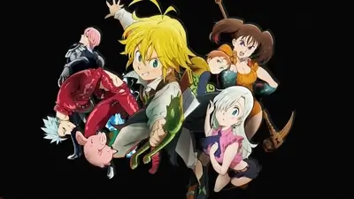 Meliodas and the Seven Deadly Sins group with Elizabeth and Hawk