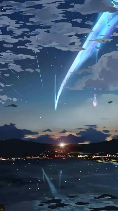Meteor showers falling on small town next to body of water, mountain range in background