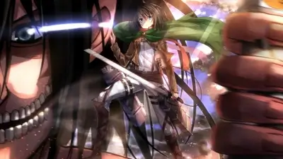 Mikasa Ackerman standing with blades in front of giant titan face