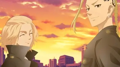 Mikey and Draken standing together against a sunset cityscape backdrop