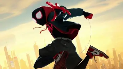 Miles Morales swings through city, vibrant colors and dynamic pose