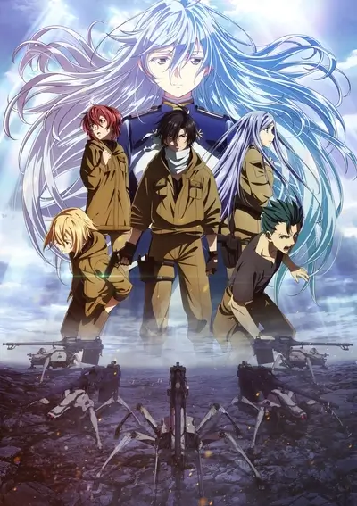 Military squad and large-haired girl overlooking battlefield with spider-like mechs