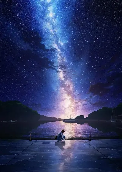 Milky Way reflected in calm water, girl watching
