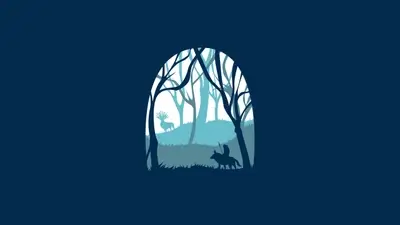 Minimalist silhouette of forest spirit and wolf rider inside arch