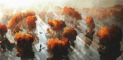 Misty autumn forest with two dragons flying