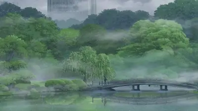 Misty green garden with a bridge over a calm pond