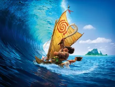 Moana and Maui sail on a outrigger canoe
