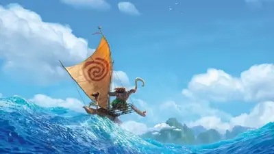 Moana and Maui sailing on a outrigger canoe