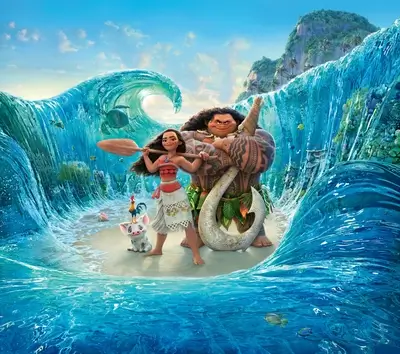 Moana and Maui stand on a beach with ocean waves