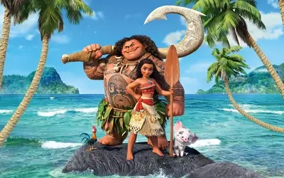 Moana, Maui, Pua, and Hei Hei on tropical island shore