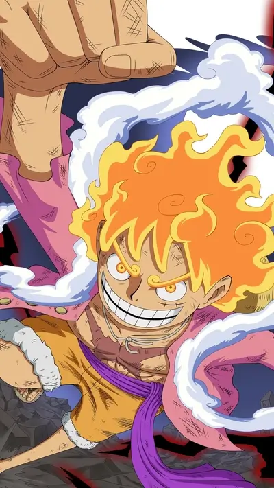 Monkey D. Luffy in Gear 5 form, smiling, and ready for action.