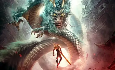 Monkey King facing a massive dragon