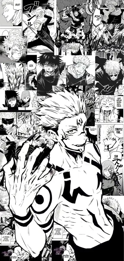 Monochromatic collage featuring characters from Jujutsu Kaisen, with intense expressions and dynamic action