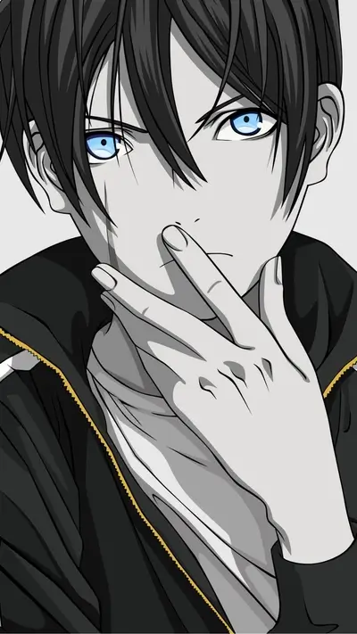 Monochrome anime boy with blue eyes