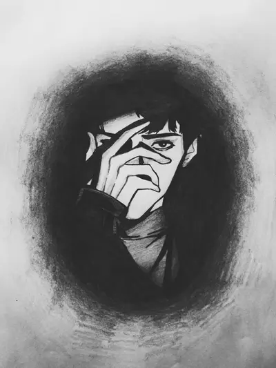 Monochrome illustration of a man partially obscuring his face