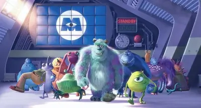 Monsters, Inc. characters stand in Monsters, Inc. headquarters