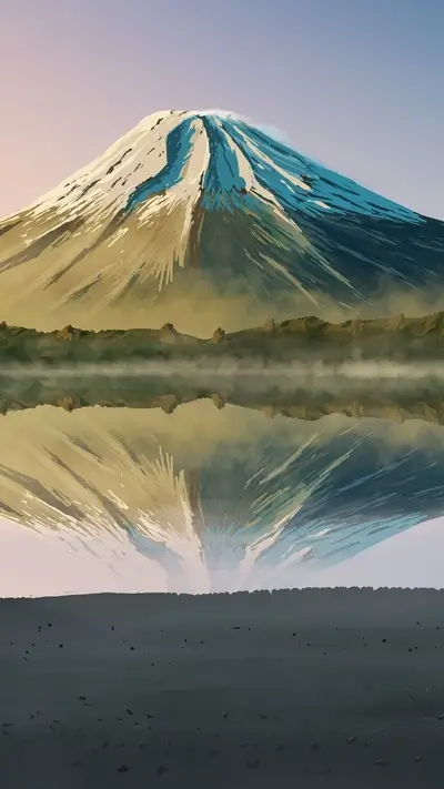 Mount Fuji reflection in a calm lake at dawn