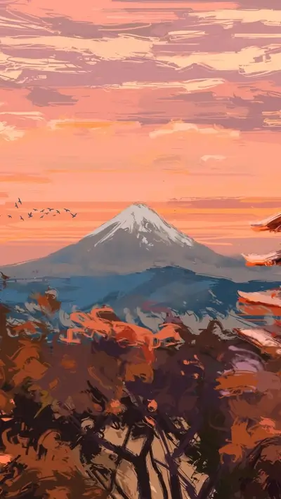 Mount Fuji sunset landscape painting