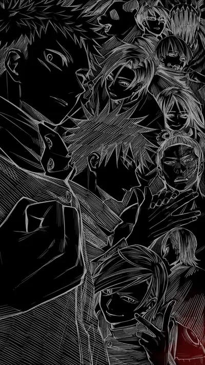 Multiple characters drawn together in an artistic and dynamic black and white composition