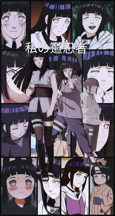 Multiple images of Hinata Hyuga in one frame, in various poses