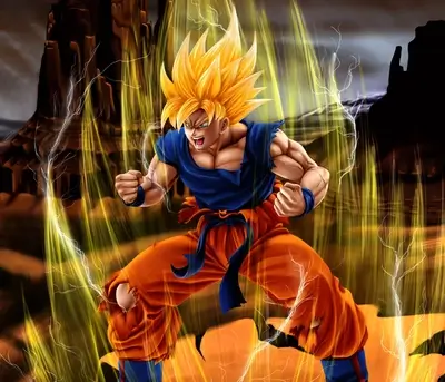Muscular character transforming, blonde hair, blue clothes, intense battle, orange background.