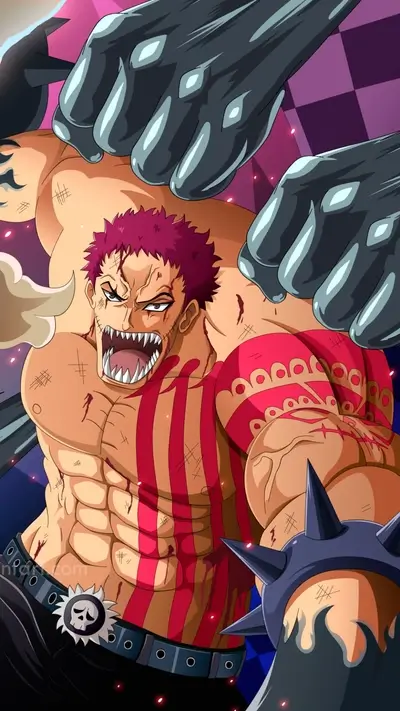Muscular character with red and white stripes, being held by large dark hands