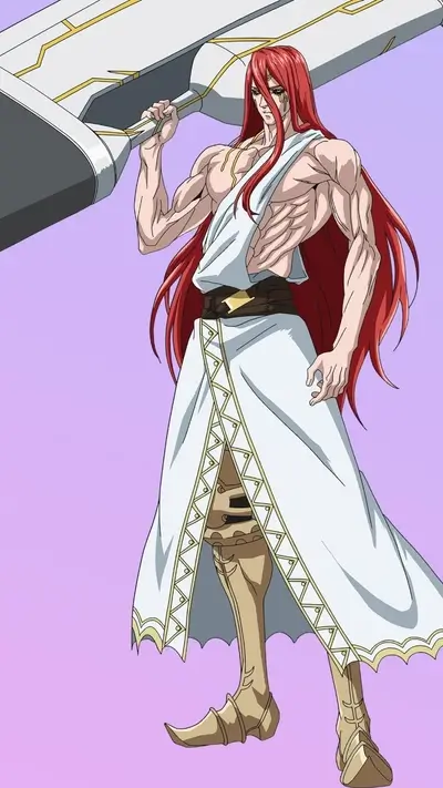 Muscular god, red hair, armor, and weapon.
