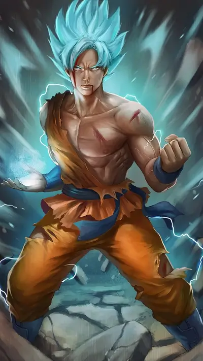 Muscular Goku with blue hair in a dramatic pose, battle-worn and ready for action