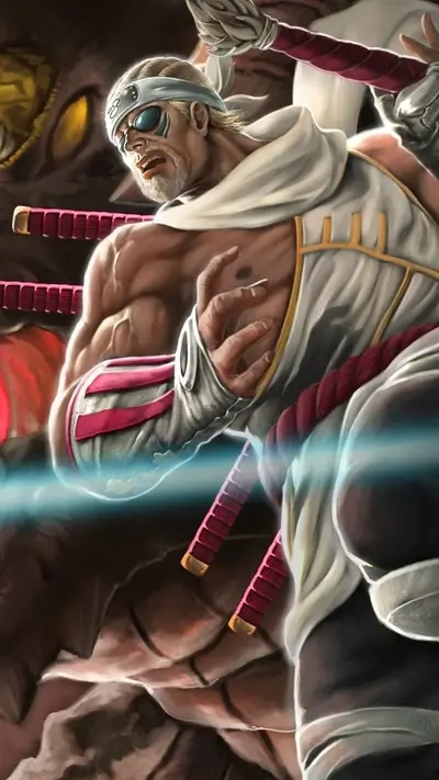 Muscular man illustration sporting ninja gear, ropes, and swords