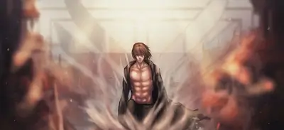 Muscular man in a long coat, blurred background
