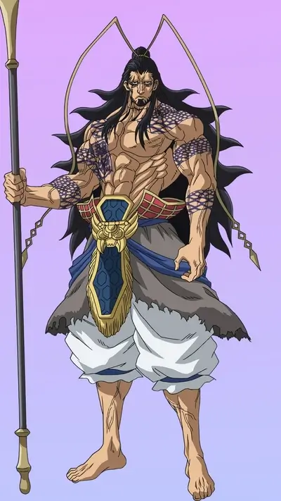 Muscular man with long hair holding a staff