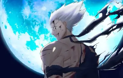 Muscular scarred fighter stares back with determined expression under the moon