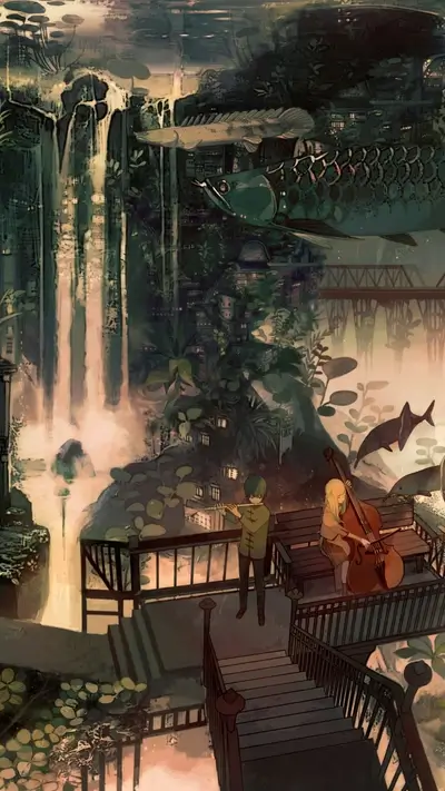 Musical performance on a balcony, waterfall and town above and below water surface