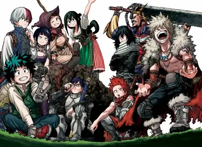 My Hero Academia characters in fantasy-themed outfits on a grassy ground
