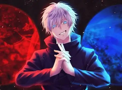 Mysterious anime boy with glowing red and blue orbs
