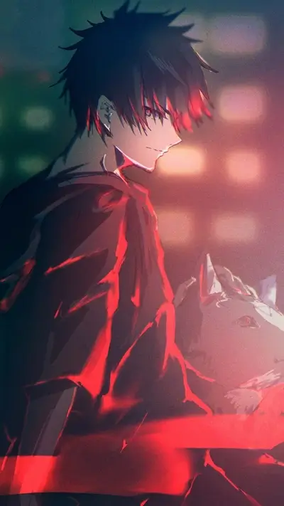 Mysterious character with red eyes, dramatic lighting, and wolf
