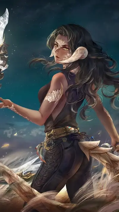 Mysterious dark-haired woman with horns and intricate markings, wielding a crystalline weapon under starry skies