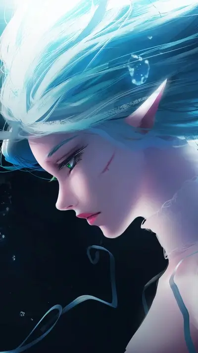 Mysterious elf with turquoise hair, lost in thought and shadows