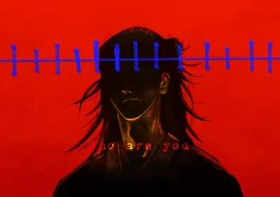 Mysterious figure with obscured face, red background