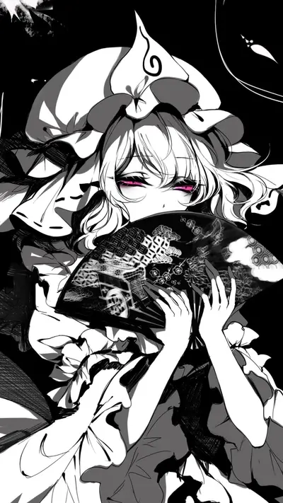 Mysterious figure with radiant eyes, holding intricate fan