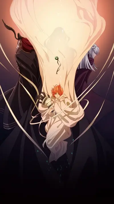 Mysterious figures shrouded in cloth, a young person at the center
