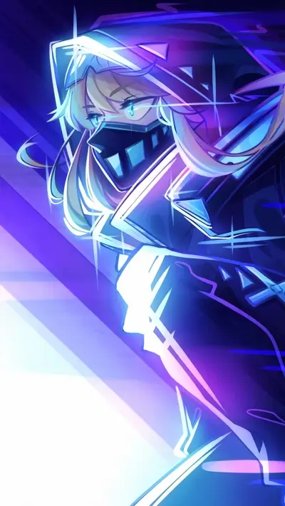 Mysterious girl wearing cyberpunk mask and hoodie, glowing and radiating neon light