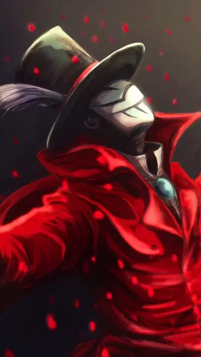 Mysterious masked figure in red coat and top hat