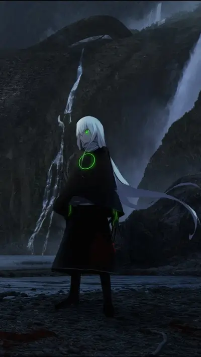 Mysterious white-haired figure stands before waterfalls in dark landscape, emitting an eerie green glow