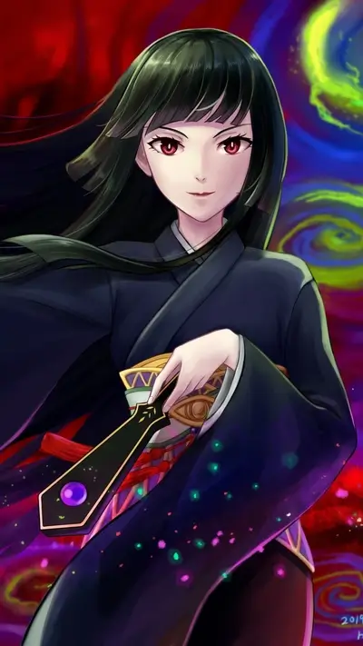 Mysterious woman in dark kimono holding a sword
