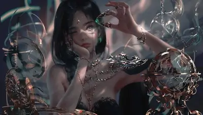 Mysterious woman with ornate jewelry and clockwork